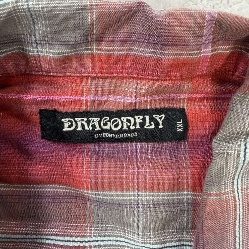 Dragonfly Edward Dada Mens XXL Red Plaid Hot Rod Embroidered Button Shirt - Picture 4 of 7